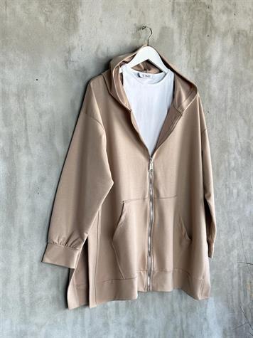 Kapşonlu Oversize Tunik Hırka (Camel)