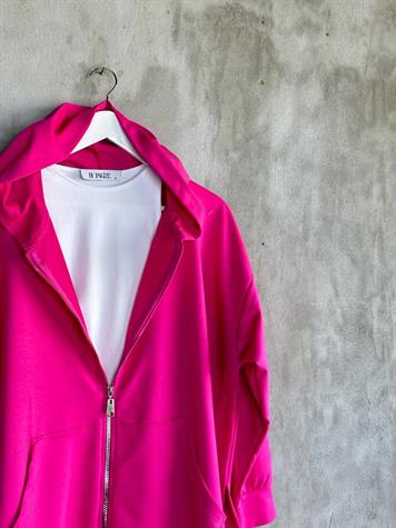 Kapşonlu Oversize Tunik Hırka (Fuşya)