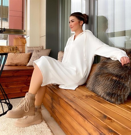 Kapşonlu Salaş Model Sweat Elbise (BEYAZ)