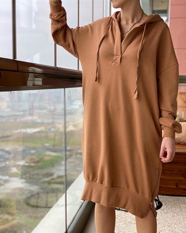 Kapşonlu Salaş Model Sweat Elbise (CAMEL)