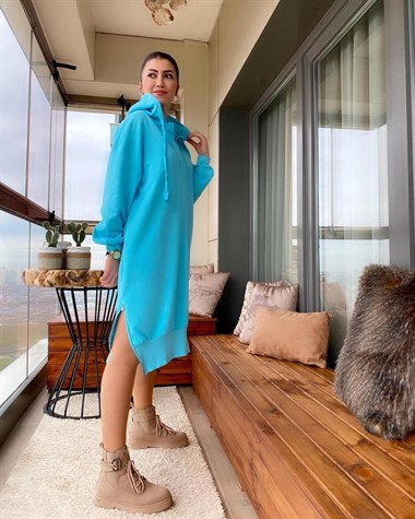 Kapşonlu Salaş Model Sweat Elbise (MAVİ)