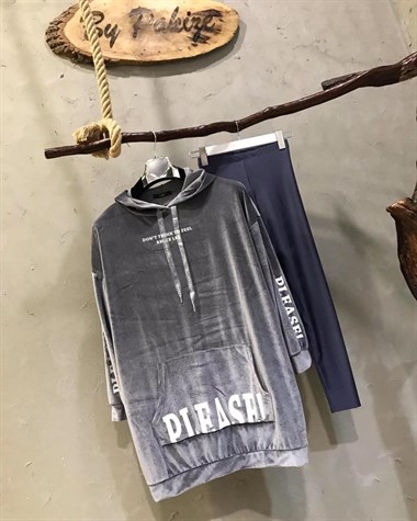 Kapşonlu Torba Cepli Kadife Sweatshirt (GRİ)