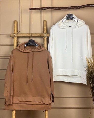 Kapşonlu Tunik Sweatshirt (BEYAZ & CAMEL)