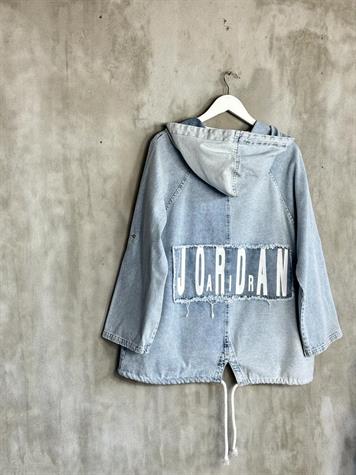Kapşonlu Yazı Baskılı Kot Ceket (Buz Mavisi)