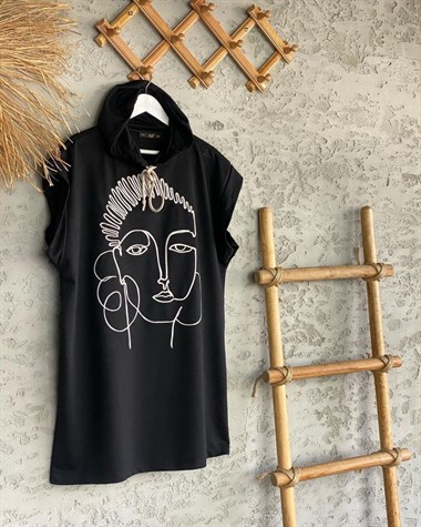 Kapüşonlu Yüz Silüetli Örme Tunik (Siyah)