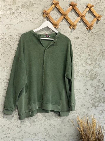 Taş Yıkama Kesik V Yaka Oversize Sweat (Haki)