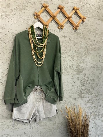 Taş Yıkama Kesik V Yaka Oversize Sweat (Haki)