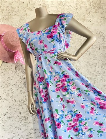 Kare Yaka Kolları Fırfırlı Çok Çiçekli Elbise (Bebe Mavi)