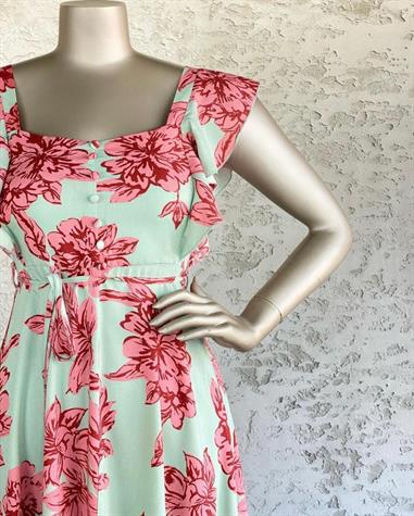 Kare Yaka Kolları Fırfırlı Çiçekli Elbise (Mint)