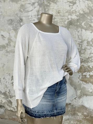 Kare Yaka Merserize Triko Örme Salaş Kazak (Beyaz)