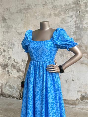 Kare Yaka Poplin Elbise (Mavi)