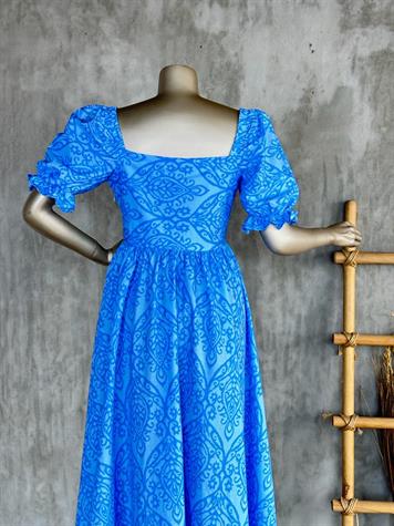 Kare Yaka Poplin Elbise (Mavi)