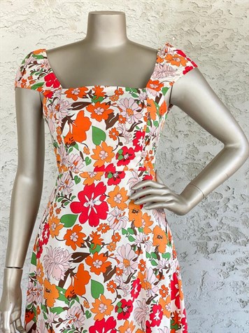 Kare Yaka Sunflower Elbise (Oranj)