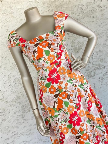 Kare Yaka Sunflower Elbise (Oranj)