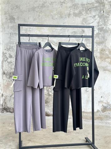 Kargo Cep Detaylı Neon Yazılı Takım (Siyah)