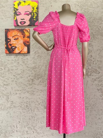 Karpuz Kol Puantiyeli Kuşaklı Elbise (Pembe)