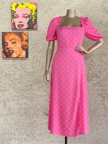 Karpuz Kol Puantiyeli Kuşaklı Elbise (Pembe)
