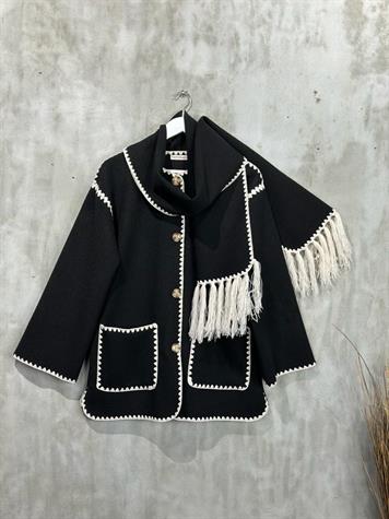 Kaşmir Kumaş Nakış İşlemeli Atkılı Ceket  (Siyah)