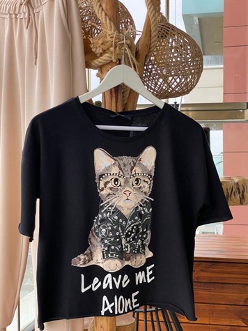 Kedi Baskı Üzerine Taş İşçilikli Tshirt (SİYAH & BEYAZ)