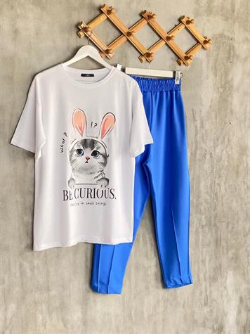 Kedi Baskılı Oversize Tunik Tişört (Beyaz)