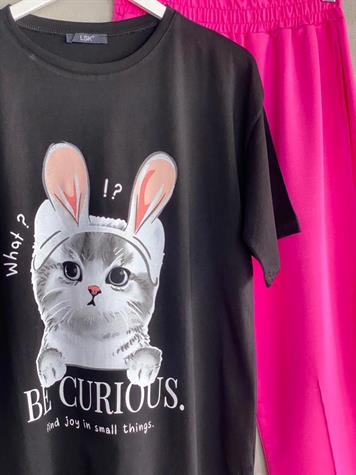 Kedi Baskılı Oversize Tunik Tişört (Siyah)