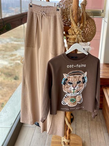 Kedi Desenli Kristal Taş İşçilikli Sweat (Kahve)