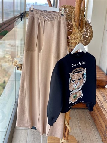 Kedi Desenli Kristal Taş İşçilikli Sweat (Siyah)
