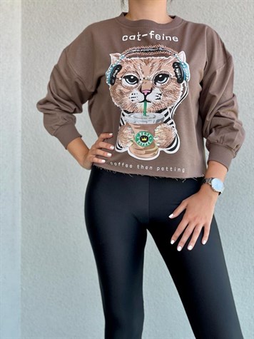 Kedi Desenli Kristal Taş İşçilikli Sweat (Kahve)