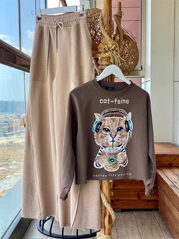 Kedi Desenli Kristal Taş İşçilikli Sweat (Kahve)