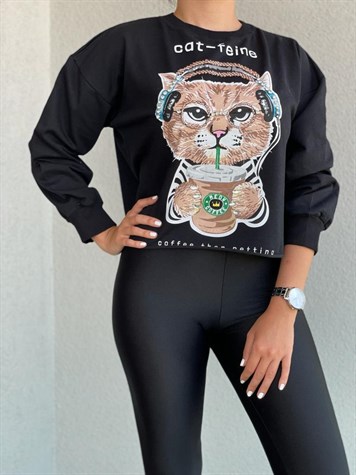 Kedi Desenli Kristal Taş İşçilikli Sweat (Siyah)