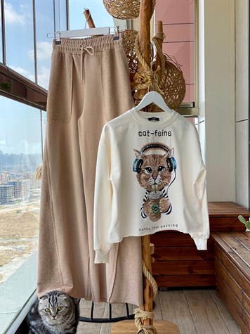 Kedi Desenli Kristal Taş İşçilikli Sweat (Ekru)