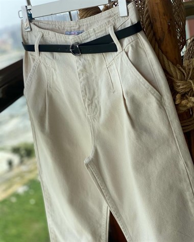 Kemerli Boyfriend Jean  (Taş Rengi)