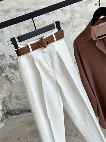Kemerli Gabardin Kumaş Pantolon (Ekru)