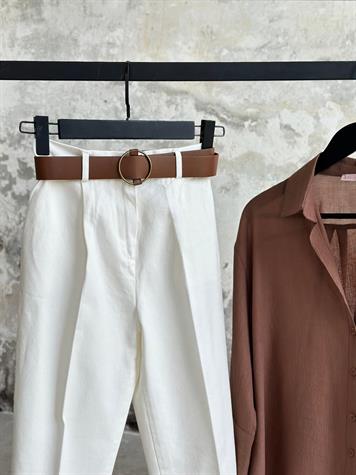 Kemerli Gabardin Kumaş Pantolon (Ekru)