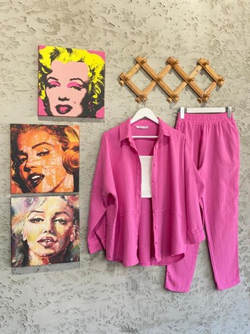 Keten Gömlek Ve Pantolon Takım (Pembe)