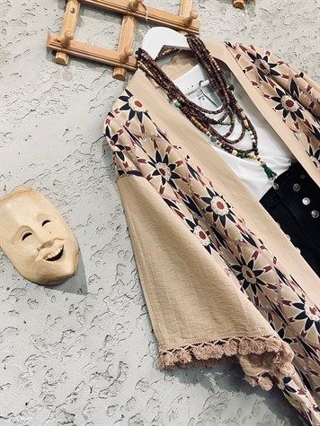Keten Kolu Püskül Çiçek Motifli Kimono