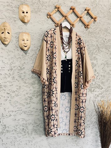 Keten Kolu Püskül Çiçek Motifli Kimono