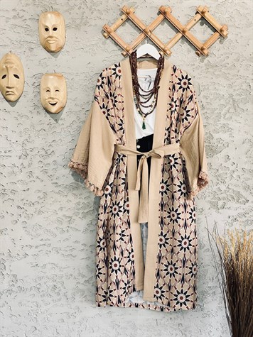 Keten Kolu Püskül Çiçek Motifli Kimono