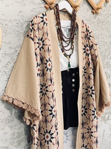 Keten Kolu Püskül Çiçek Motifli Kimono