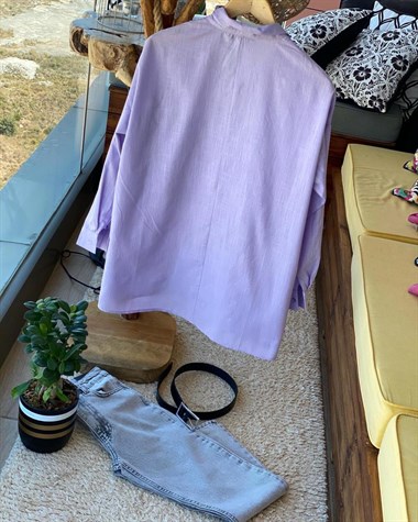 Keten Kumaş Çift Cepli Boyfriend Gömlek (LİLA)