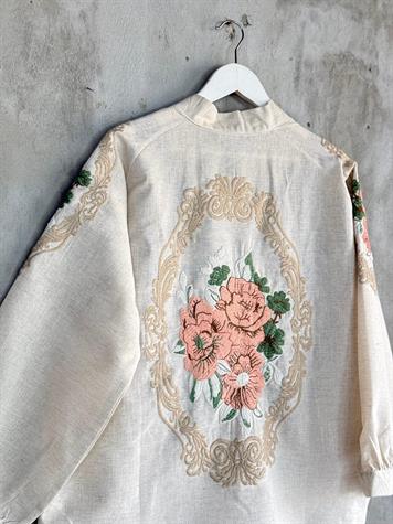 Keten Kumaş Nakış İşçilikli Oversize Kimono (Taş)
