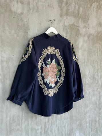 Keten Kumaş Nakış İşçilikli Oversize Kimono (Lacivert)