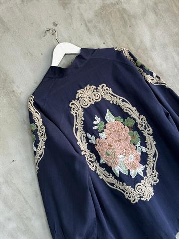 Keten Kumaş Nakış İşçilikli Oversize Kimono (Lacivert)