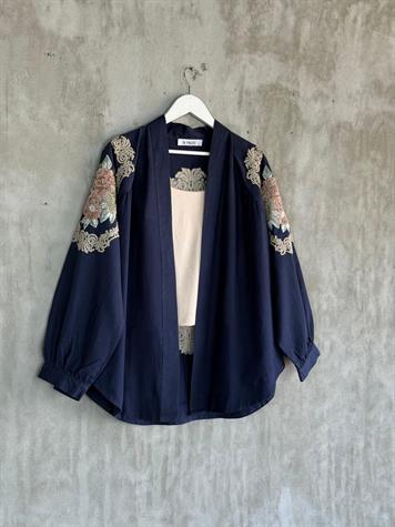 Keten Kumaş Nakış İşçilikli Oversize Kimono (Lacivert)