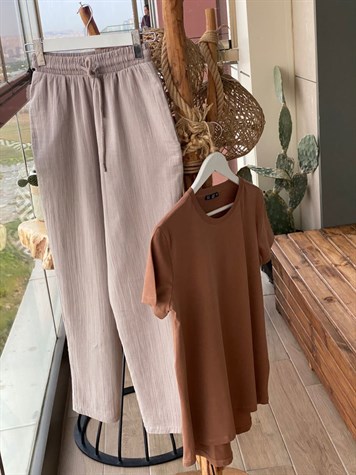 Keten Kumaş Yüksek Bel Pantolon (Taş Rengi)