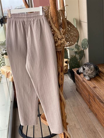 Keten Kumaş Yüksek Bel Pantolon (Taş Rengi)