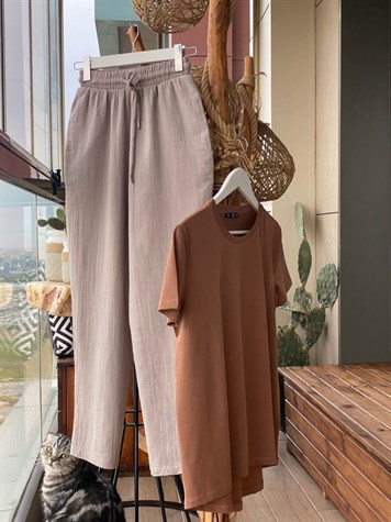 Keten Kumaş Yüksek Bel Pantolon (Taş Rengi)