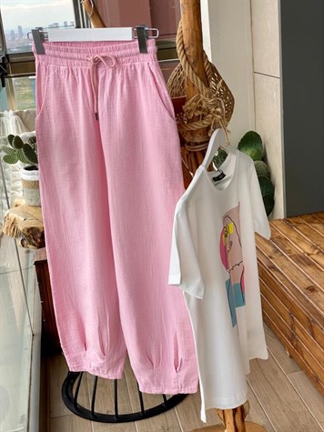 Keten Kumaş Yüksek Bel Pantolon (Toz Pembe)