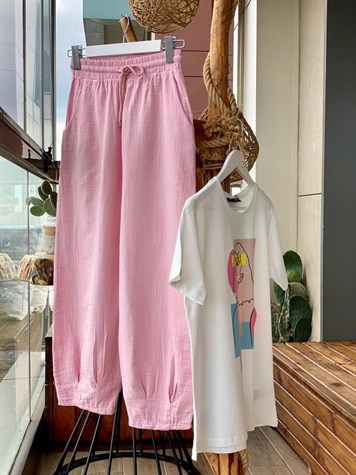 Keten Kumaş Yüksek Bel Pantolon (Toz Pembe)
