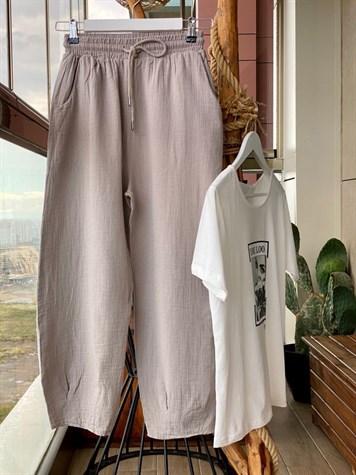 Keten Kumaş Yüksek Bel Pantolon (Vizon)